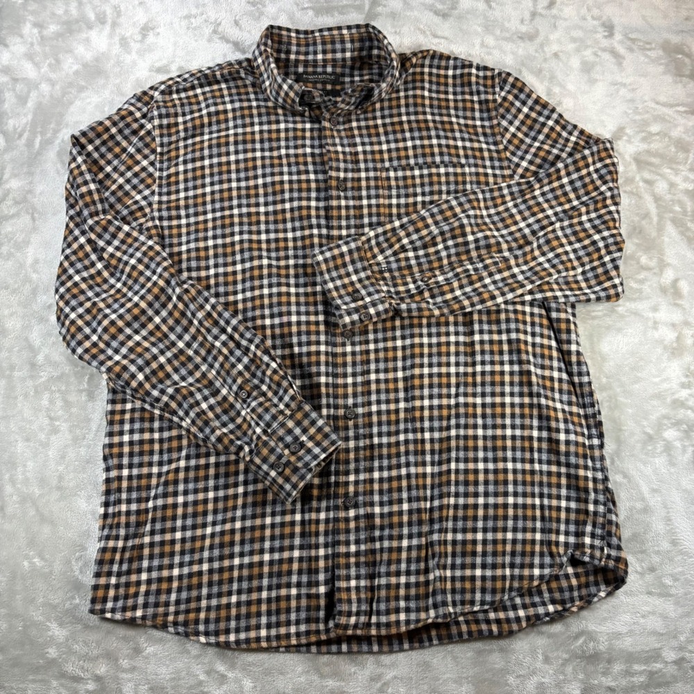 Banana Republic Mens Organic Cotton Flannel Shirt Brown Black Plaid Large L